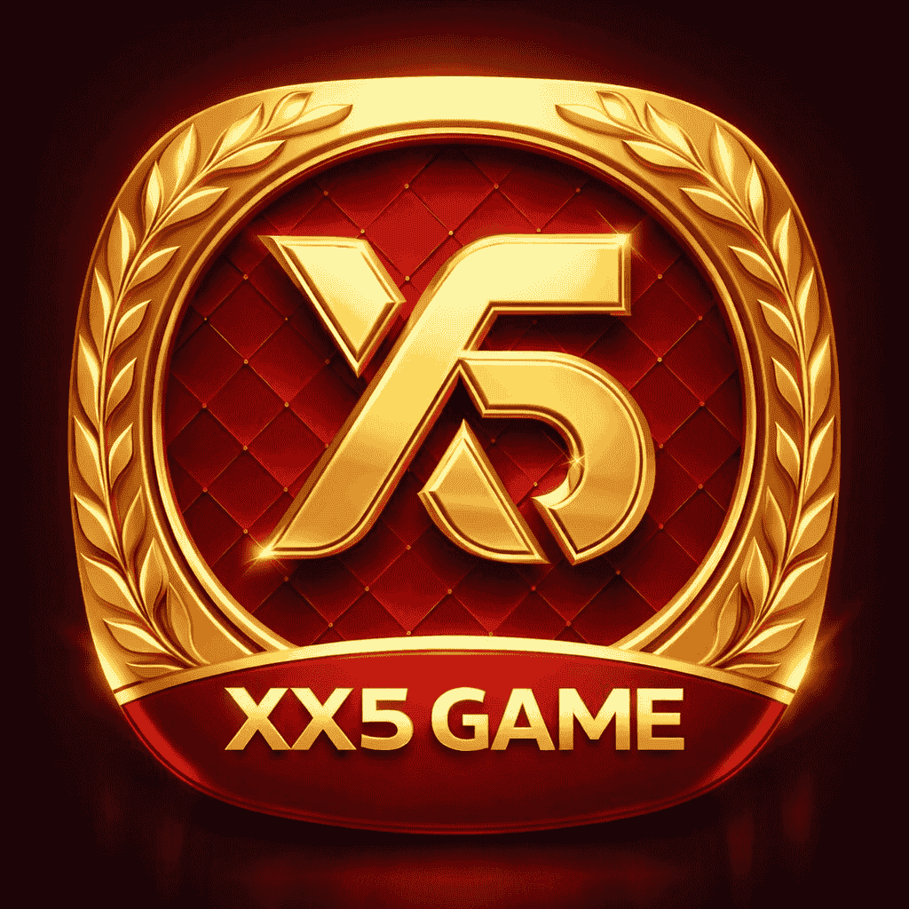 XX5 Game gold logo with red shield background and laurel wreath emblem design
