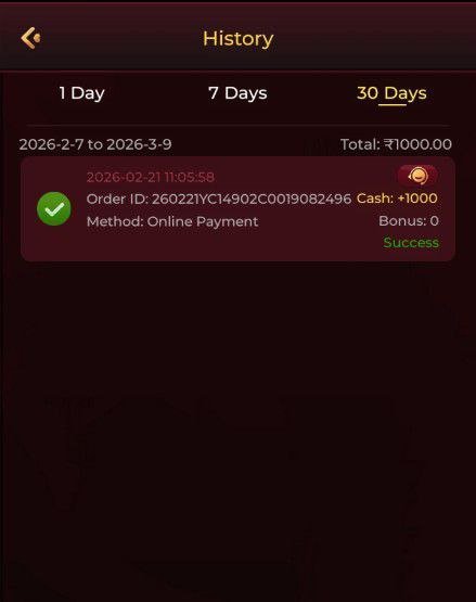 IE777 game deposit proof showing ₹1000 successful online payment transaction in account history.