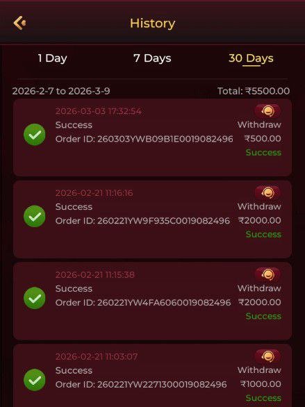 IE777 game withdrawal proof showing multiple successful withdrawals including ₹500, ₹1000 and ₹2000 transactions.